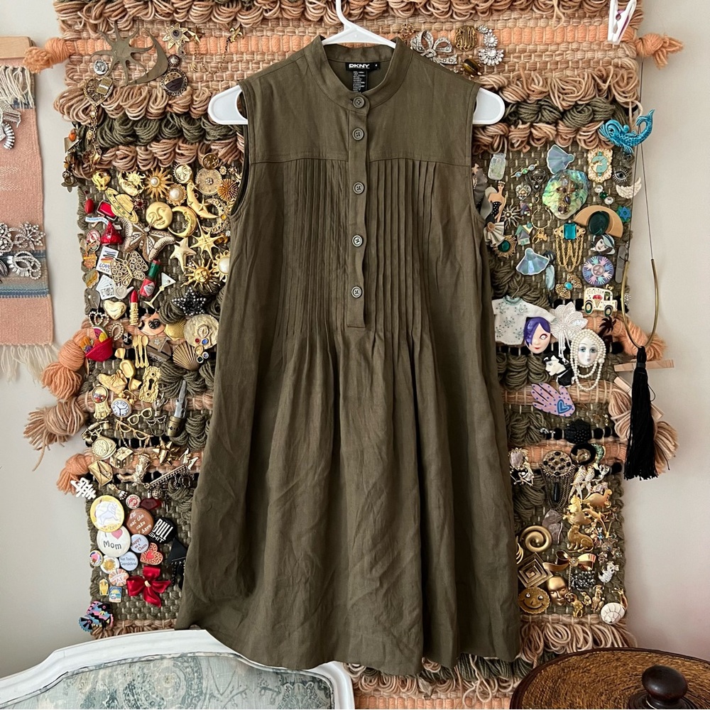 DKNY Donna Karen New York Army Green Linen Blend Sleeveless Dress Size 4